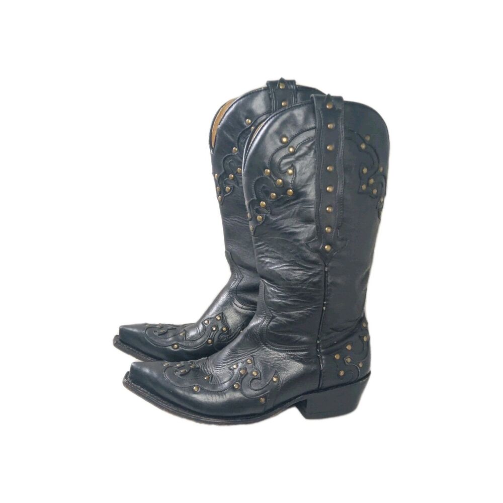 Black Leather Snip Toe Boots Women's Size 7 Studs Accent - Picture 2 of 10